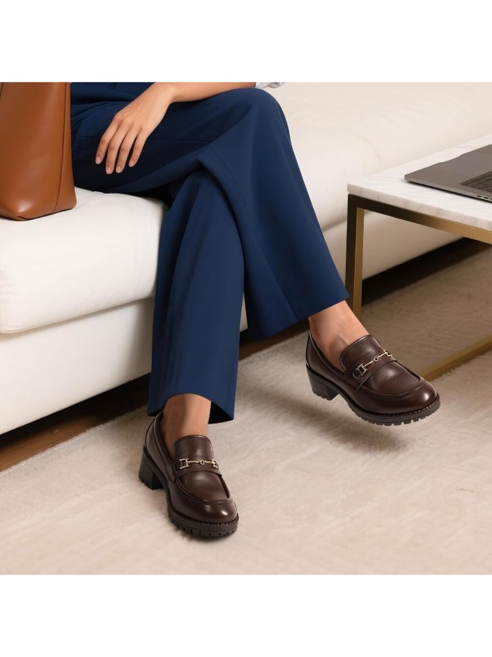 DREAM PAIRS Women's Brown Comfortable Chunky Latex Insole Platform Loafer Shoes - Picture 3 of 6